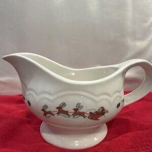 Pfaltzgraff Snow Village Gravy Boat Santa Sleigh Reindeer Christmas Stoneware